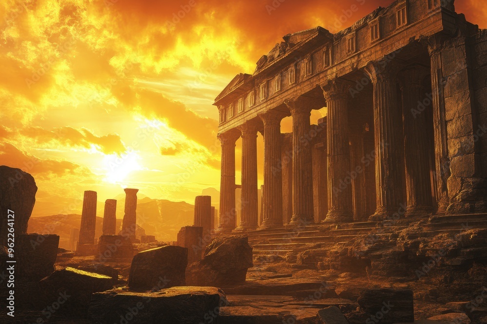 Obraz premium Ruined temple columns at sunset.