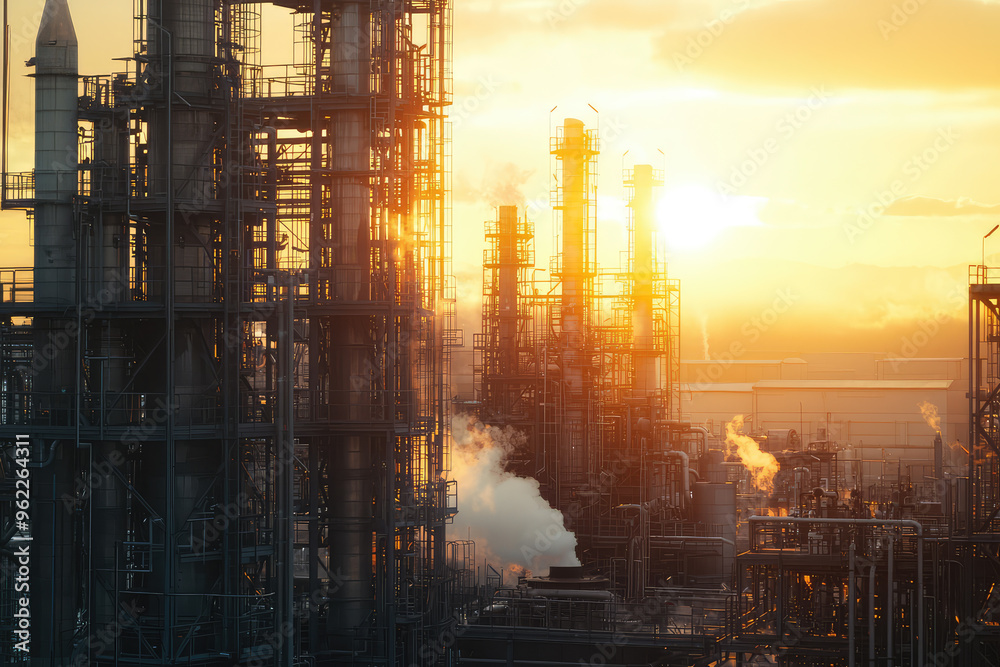 Silhouetted against a fiery sunset, an industrial complex stands tall, a testament to human ingenuity and the power of industry. Silhouetted against a fiery sunset, an industrial complex stands tall, a testament to human ingenuity and the power of industry.