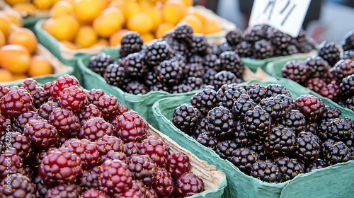 Rubus fruticosus Marionberry a market setting a display of Marionberries ready for sale showcasing their rich flavor and dark color photo