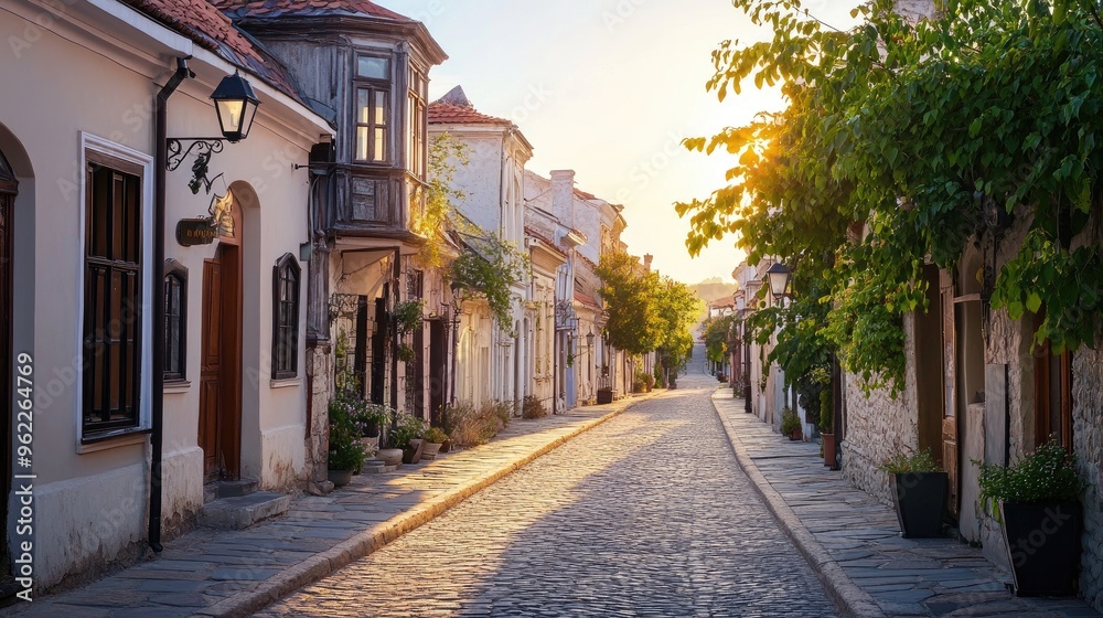 Detailed view of a beautifully paved road through a quaint, historic town with charming buildings and street lamps Detailed view of a beautifully paved road through a quaint, historic town with charming buildings and street lamps