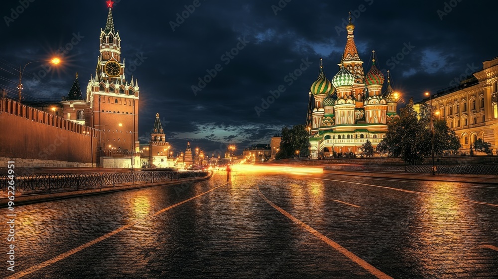 night view of Moscow, Red square and St. Basil cathedral night view of Moscow, Red square and St. Basil cathedral
