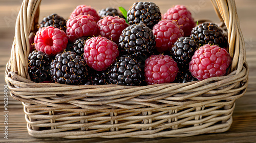 Rubus idaeus Black Raspberry a basket filled with Black raspberries known for their rich flavor and dark color ideal for a rustic kitchen or market scene photo