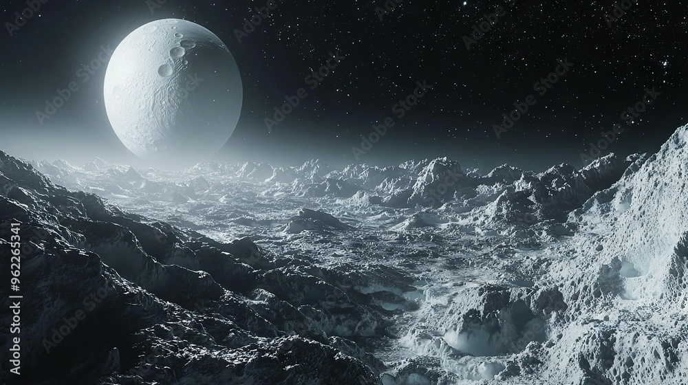 Fototapeta premium An artist's depiction of a celestial body amidst rugged terrain, surrounded by majestic peaks and distant cosmic phenomena