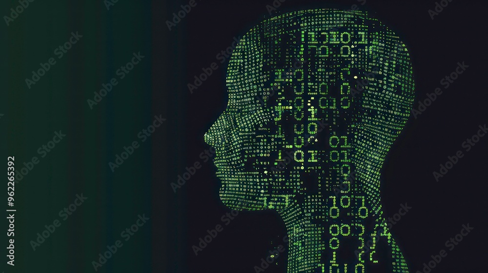 A digital human head, composed of lines of code, is rendered in a profile view against a black background. A digital human head, composed of lines of code, is rendered in a profile view against a black background.