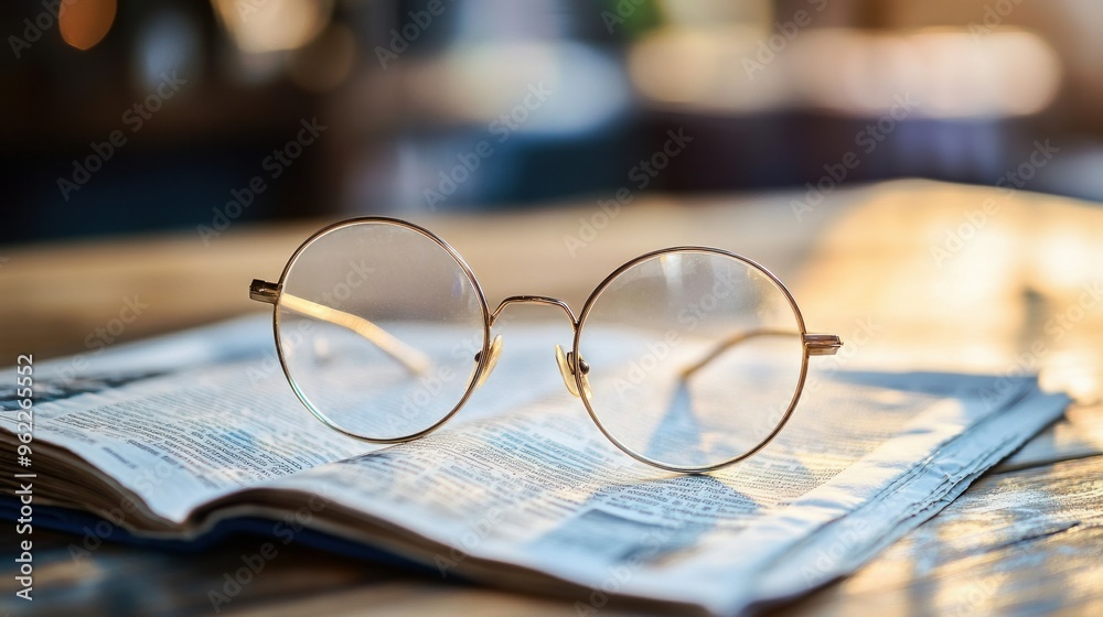 examining newspapers and focusing on the wooden table's glasses examining newspapers and focusing on the wooden table's glasses