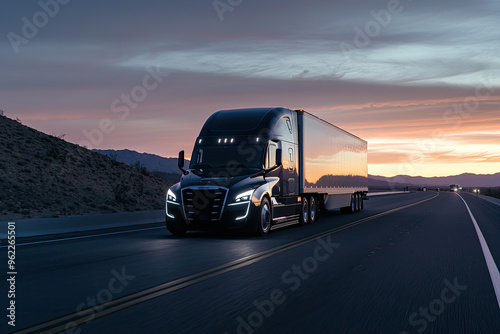Wallpaper Mural A sleek, black semi-truck cruises down a highway under a vibrant sunset, casting a long shadow as it traverses the open road. Torontodigital.ca