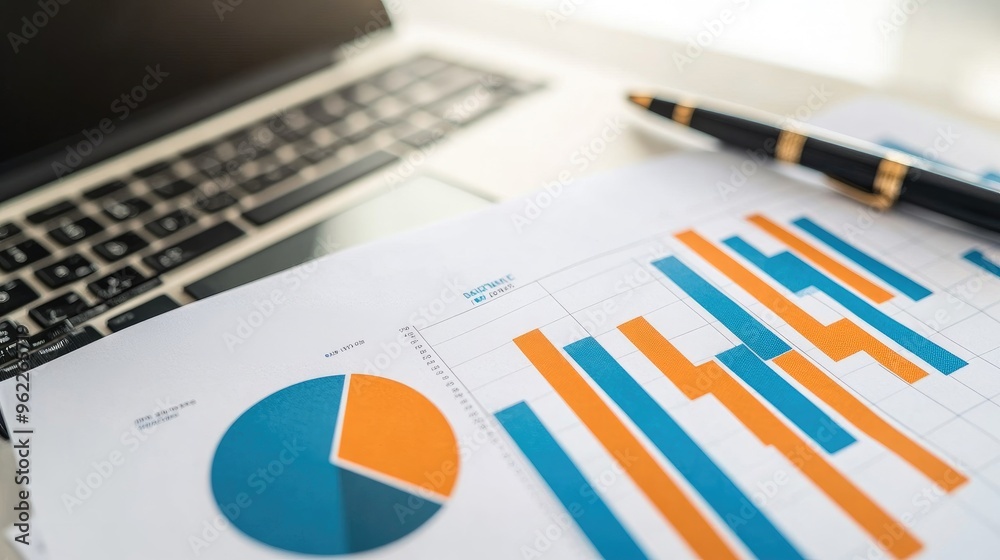 Detailed view of a financial report with bar graphs and pie charts on a desk with a laptop and pen Detailed view of a financial report with bar graphs and pie charts on a desk with a laptop and pen