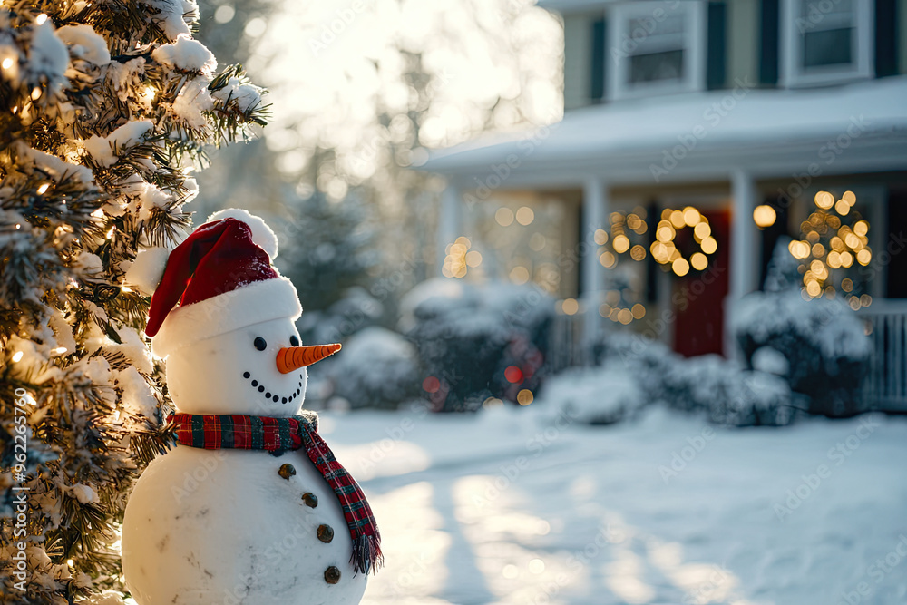 Obraz premium A Cheerful Snowman Stands Guard Beside a Snowy Christmas Tree, a Festive Home Beckons in the Background.