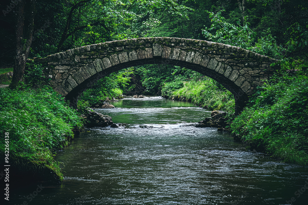 Fototapeta premium A Stone Bridge Arched Over a Serene River, Lush Greenery Framing the Tranquil Scene.