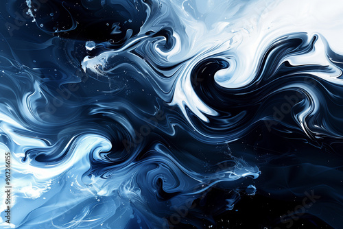 Abstract liquid wave with swirling blue and gold patterns, fluid textures, and metallic reflections photo