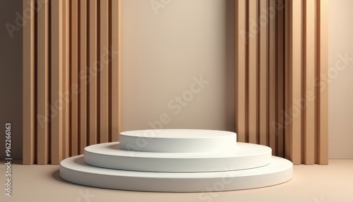 Realistic Brown Wood White 3D Cylinder Pedestal Podium Vertical Wood Pattern Background Abstract Minimal Scene Mockup Products Stage Showcase Promotion Display Geometric Forms