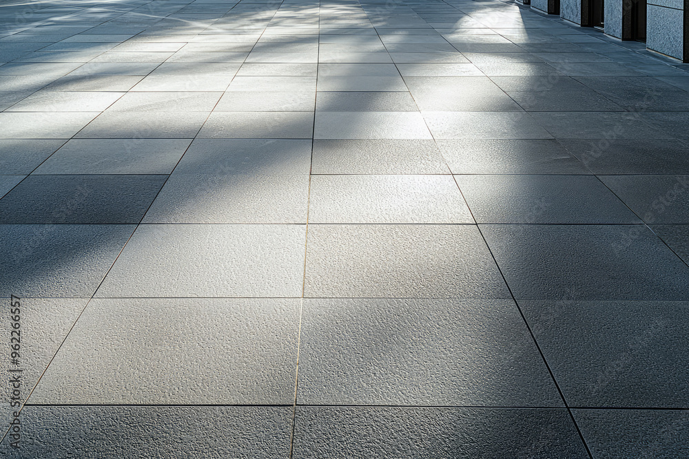 A symphony of light and shadow dances across a sleek, tiled driveway, creating a captivating interplay of texture and geometry.