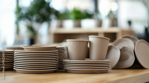 Compostable cups and plates stacked on a wooden table, eco-friendly disposable tableware