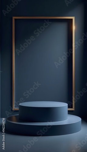 Realistic 3D Dark Blue Cylinder Podium Background Luxury Gold Pillars Square Window Minimal Mockup Abstract Product Display Presentation Stage Showcase Platforms Geometric Design