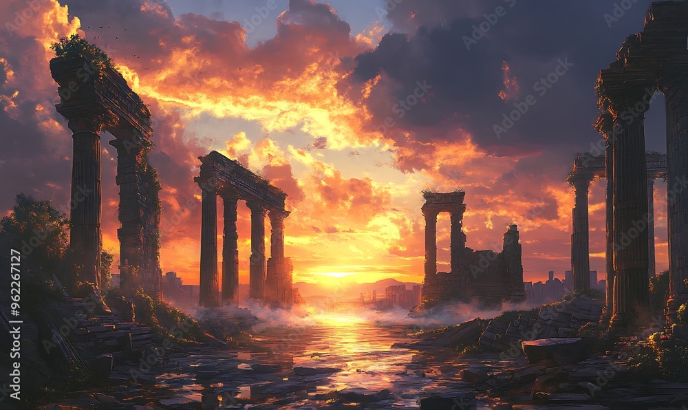 Ancient Ruins at Sunset with a Stream of Water Flowing Through Them Ancient Ruins at Sunset with a Stream of Water Flowing Through Them