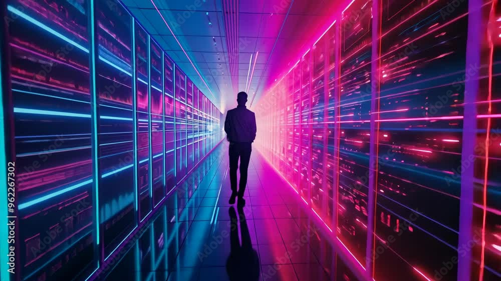 A person walks through a futuristic corridor with bright neon lights and digital displays at night in a high-tech environment A person walks through a futuristic corridor with bright neon lights and digital displays at night in a high-tech environment