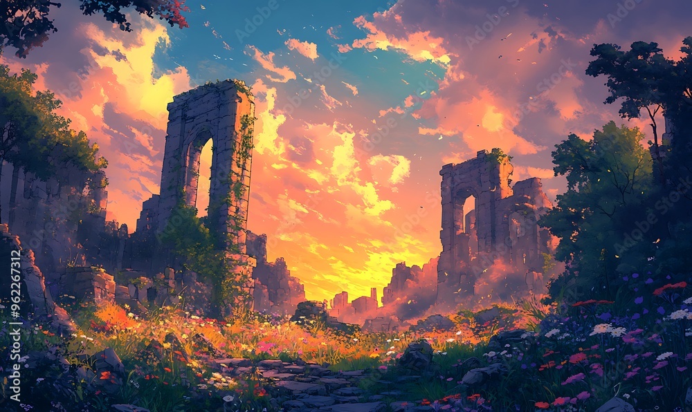 Fototapeta premium Sunset Over a Field of Flowers with Stone Ruins in the Background