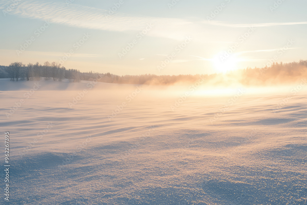 A Golden Dawn Over a Pristine Snow-Covered Field, Bathed in a Soft, Misty Glow. A Golden Dawn Over a Pristine Snow-Covered Field, Bathed in a Soft, Misty Glow.