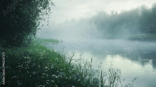  A lush green forest sits alongside a tranquil body of water, surrounded by towering grass blades