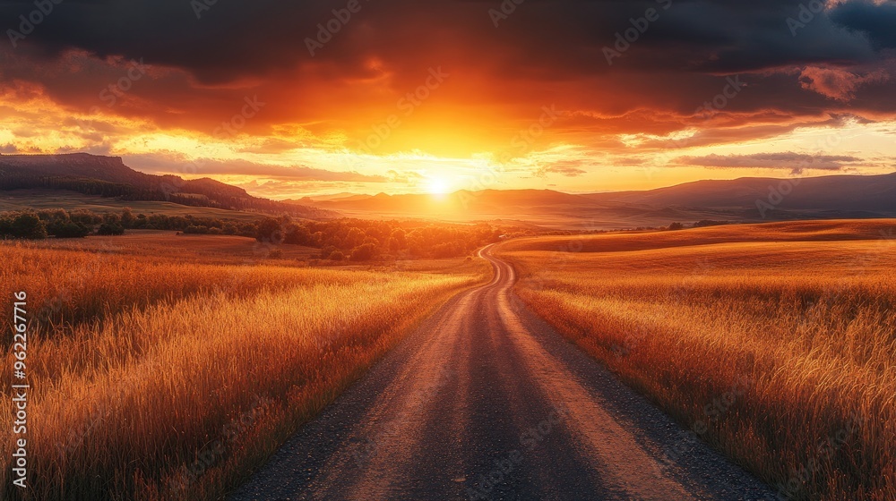Wide shot of a picturesque road leading through a golden field at sunset, with dramatic sky colors and long shadows Wide shot of a picturesque road leading through a golden field at sunset, with dramatic sky colors and long shadows