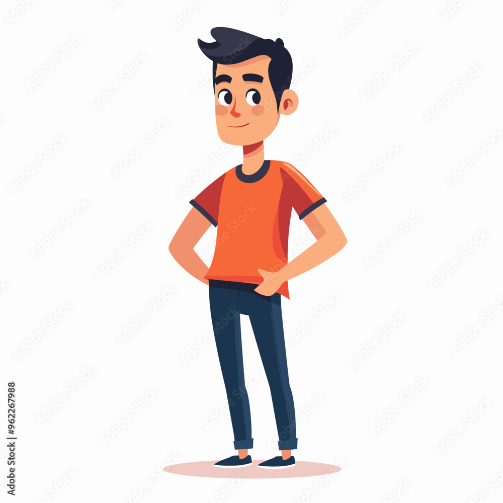 A cartoon man in an orange shirt and blue jeans is standing with his arms crossed. He has a smile on his face and he is confident