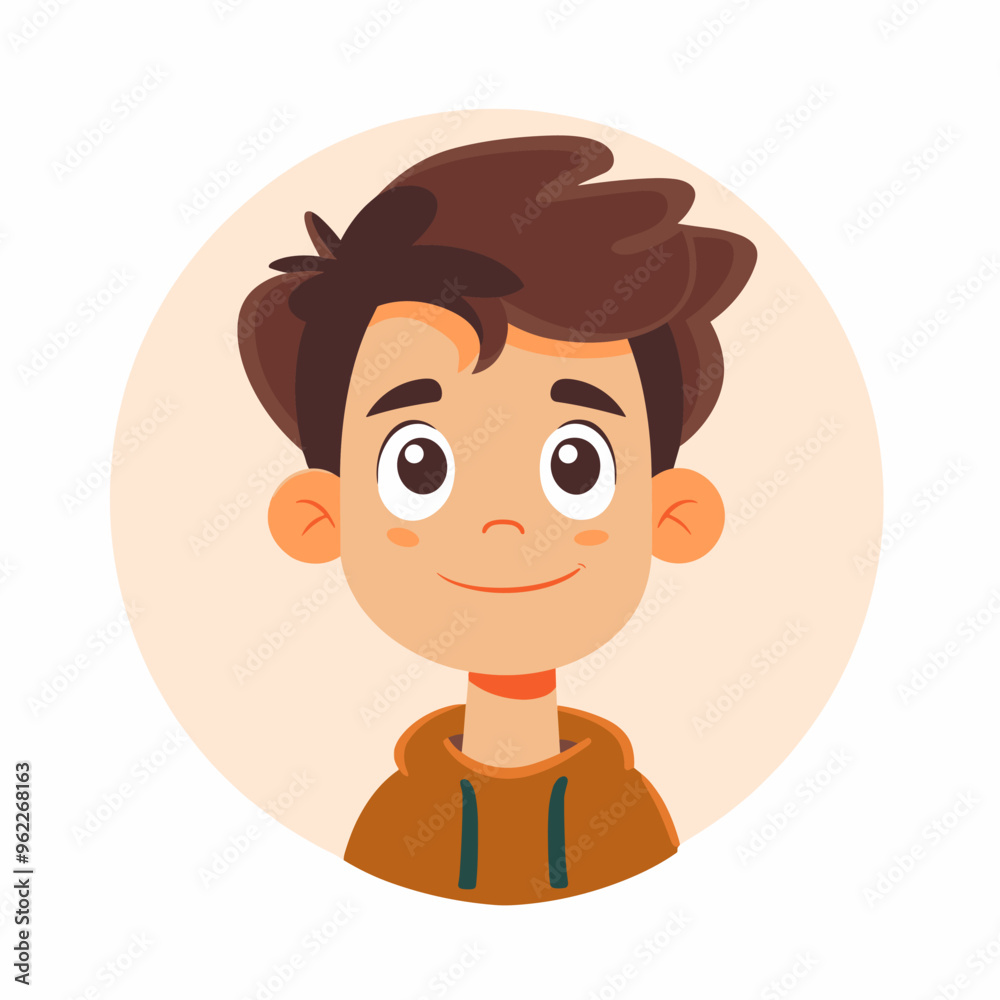 A cartoon boy with a smile on his face. He is wearing a hoodie and has a round face A cartoon boy with a smile on his face. He is wearing a hoodie and has a round face