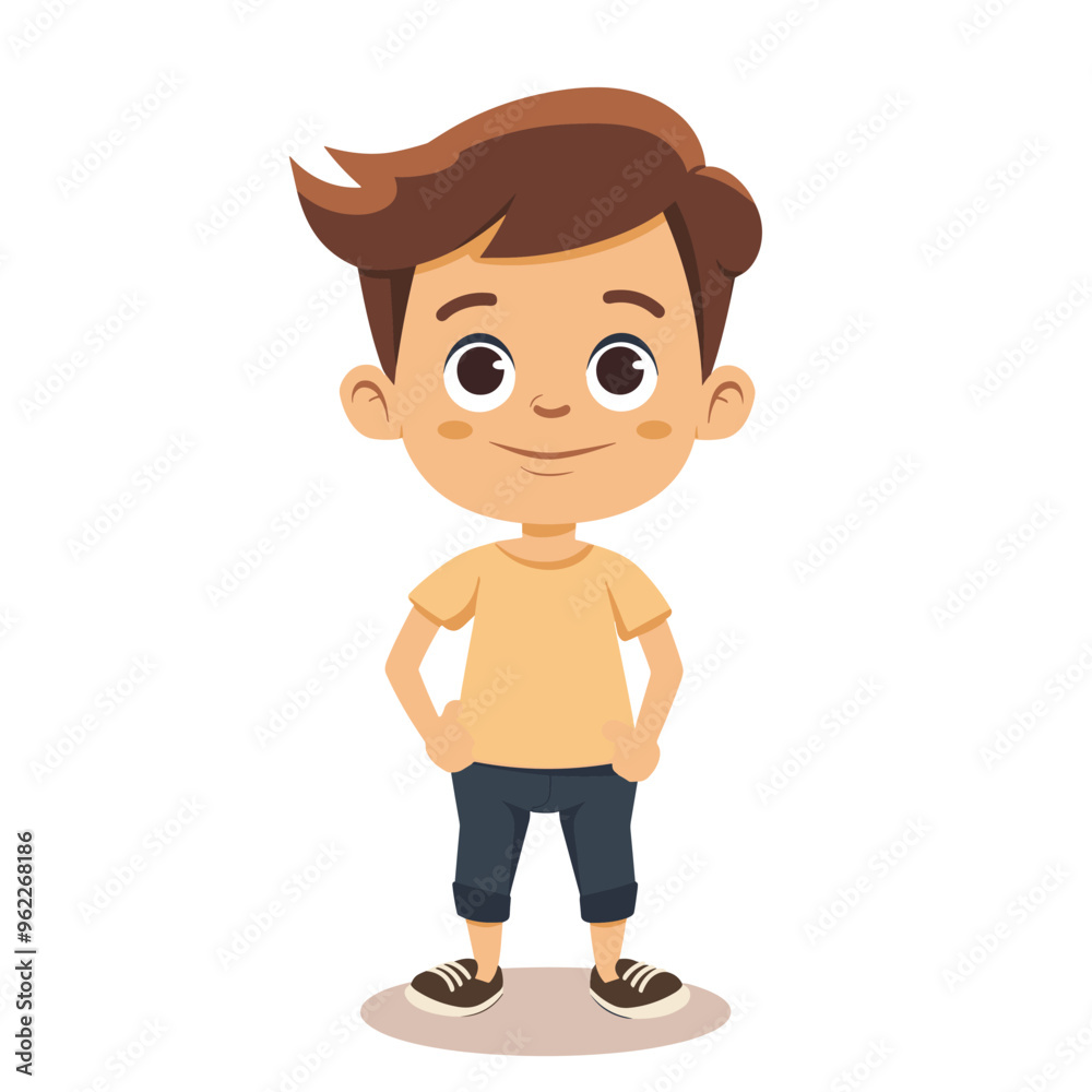 A cartoon boy is standing with his hands on his hips and smiling. He is wearing a yellow shirt and blue jeans A cartoon boy is standing with his hands on his hips and smiling. He is wearing a yellow shirt and blue jeans