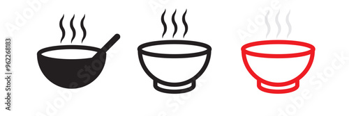 Bowl icon set collection in black design. Containing rice in bowl, hot soup icon.