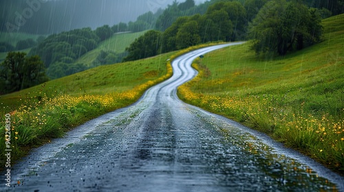 A road with a curve and a foggy, misty atmosphere. The road is wet and the trees are green