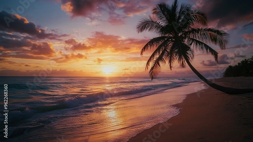  A palm tree atop a sandy beach beneath an orange-blue sky, with the distant setting sun