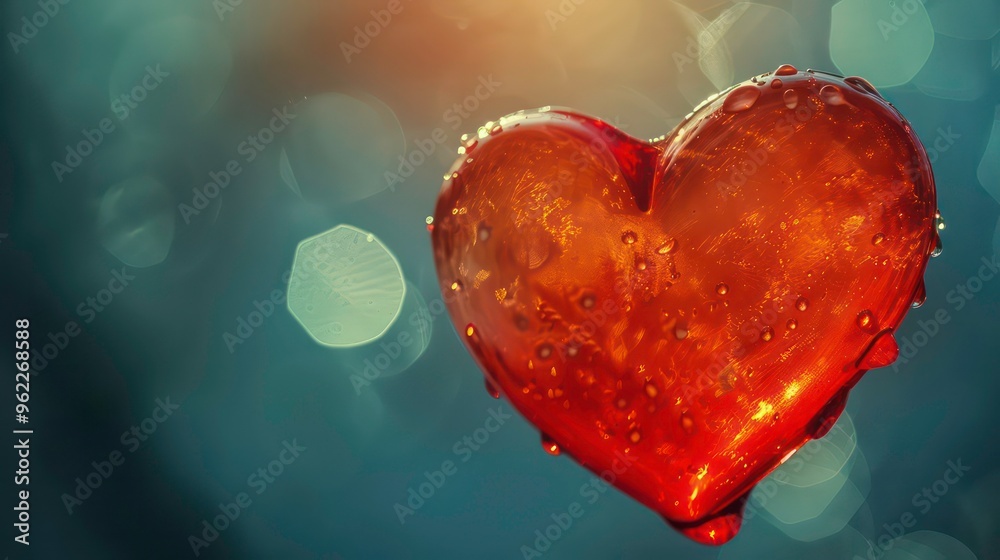 Obraz premium A red heart-shaped object with water droplets on a blue and white bokeh background.