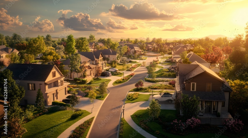 An aerial view of a quiet suburban neighborhood at sunset with lush greenery and houses with manicured lawns. An aerial view of a quiet suburban neighborhood at sunset with lush greenery and houses with manicured lawns.