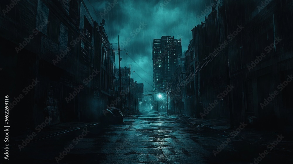 Obraz premium dark gloomy city street at night. background for crime. dark foggy abandoned city with glowing light, crime dark background. 