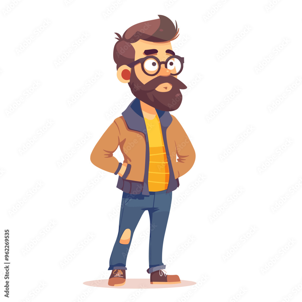 A man with glasses and a beard stands in front of a white background. He is wearing a brown jacket and blue jeans A man with glasses and a beard stands in front of a white background. He is wearing a brown jacket and blue jeans