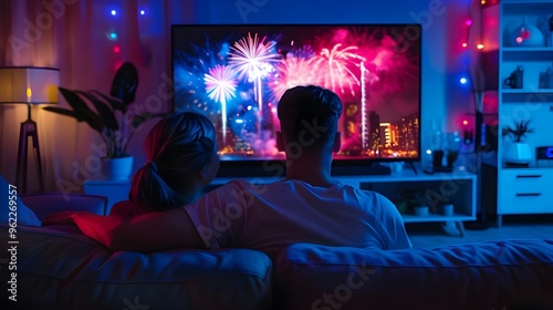 Cozy Evening Fireworks Celebration Watching Television Romance. AI Generated photo