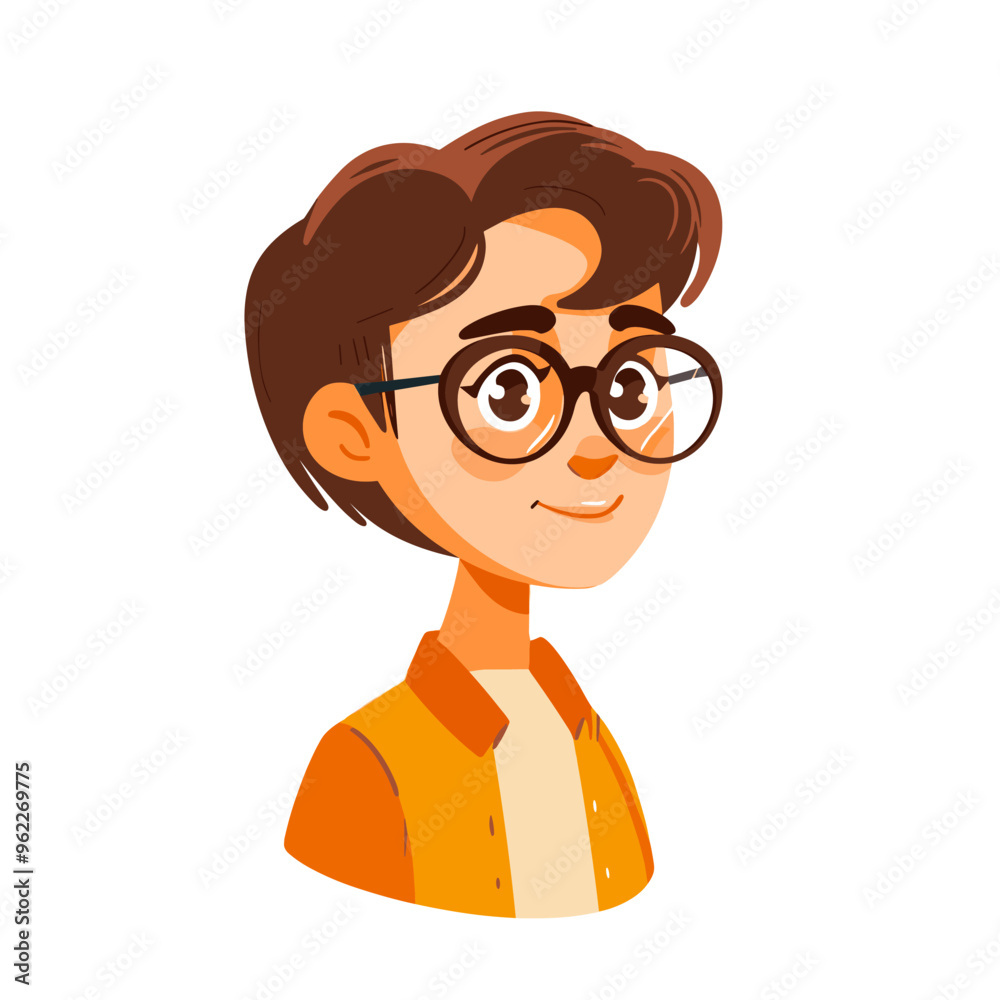 A cartoon boy wearing glasses and a yellow shirt. He is smiling and looking at the camera. The image is in black and white A cartoon boy wearing glasses and a yellow shirt. He is smiling and looking at the camera. The image is in black and white