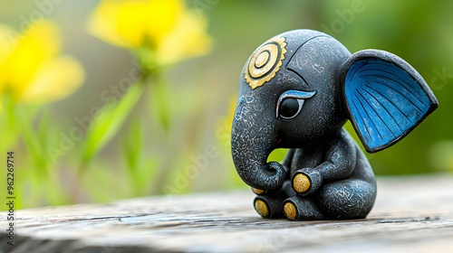 Small Black Elephant Figurine with Blue Ear on Wooden Table photo