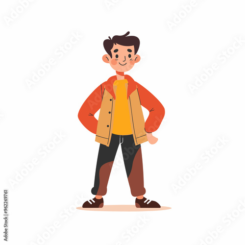 A young man in a yellow jacket stands with his arms crossed. He has a smile on his face