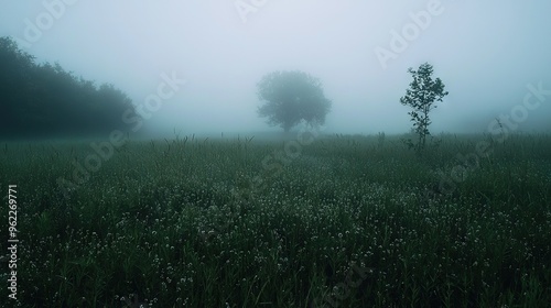  A foggy field with a lone tree in its center and a solitary tree centered in the clearing