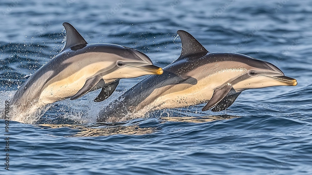 Fototapeta premium Two dolphins leap from water, heads above, backs parallel