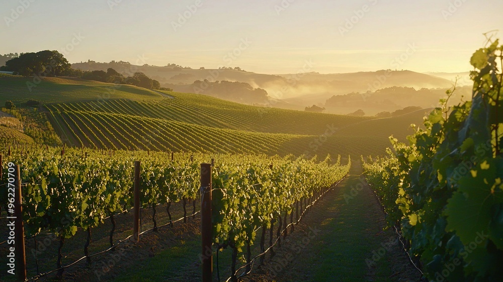Naklejka premium The sun shines on a vineyard in the hills near Napa Valley
