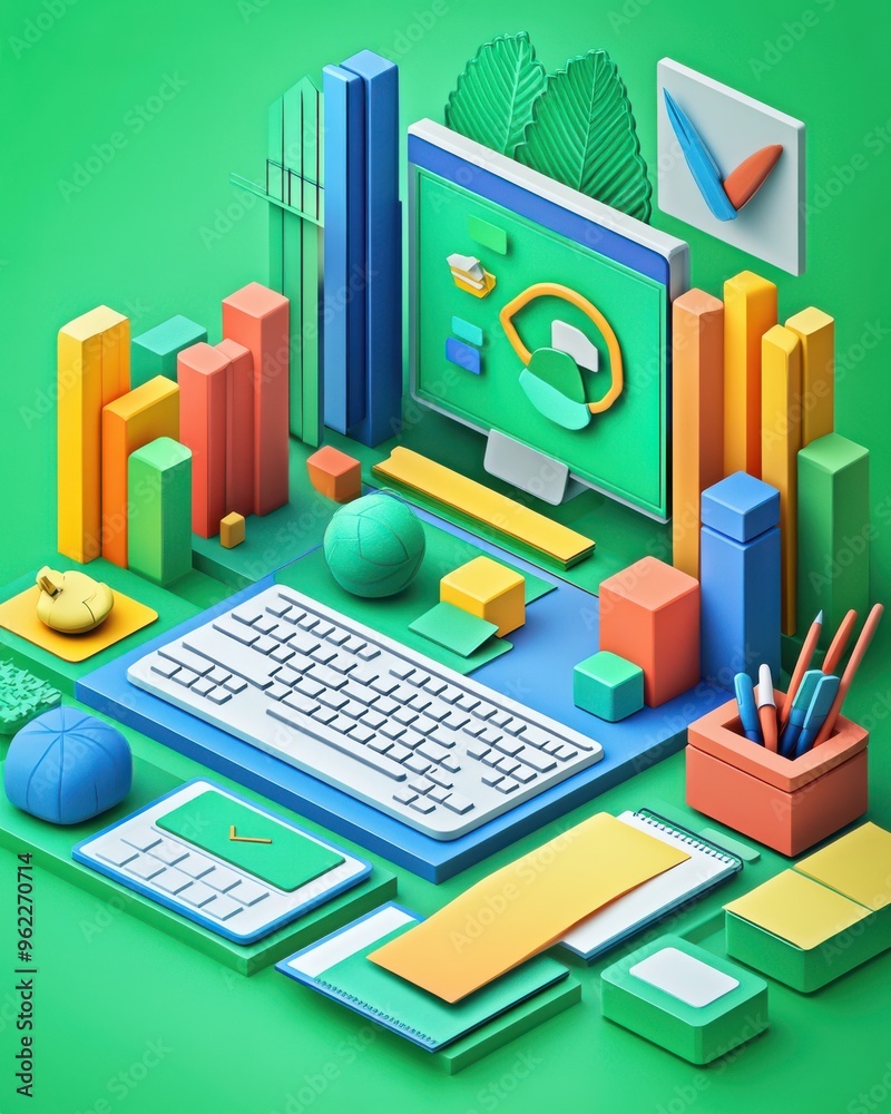 Isometric Illustration of a Futuristic Cityscape featuring vibrant architecture, green spaces, and advanced transportation systems Isometric Illustration of a Futuristic Cityscape featuring vibrant architecture, green spaces, and advanced transportation systems