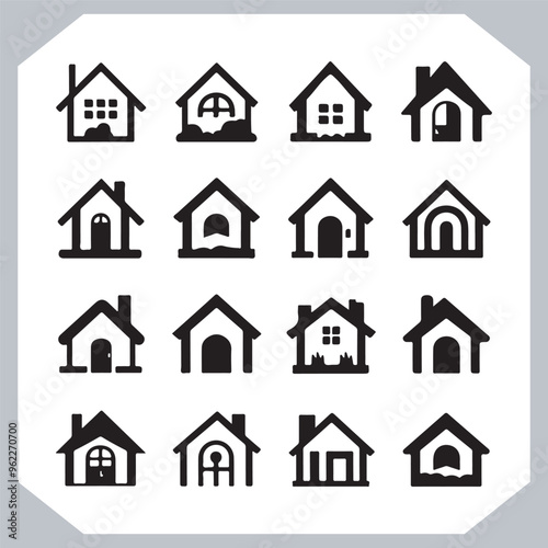 Black silhouettes of houses and cottages, home property logo set package, home button, residential building, country cottage, apartment vector illustrations.