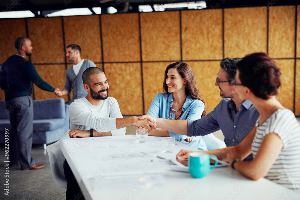 Φωτογραφία Employees, people and happy in office with handshake for success or congratulations on business deal as architect
