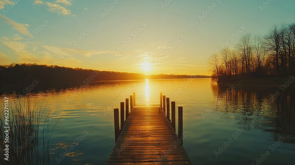  A dock sits before a waterbody as the sun descends beyond it