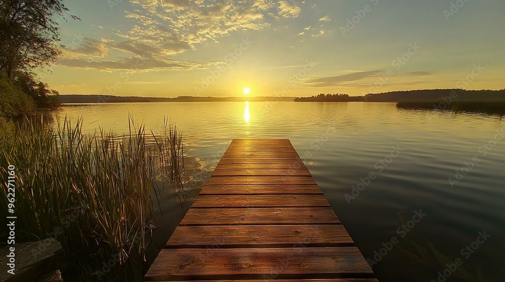 Obraz premium Wooden dock rests near lush green shore and cloudy sky over lake