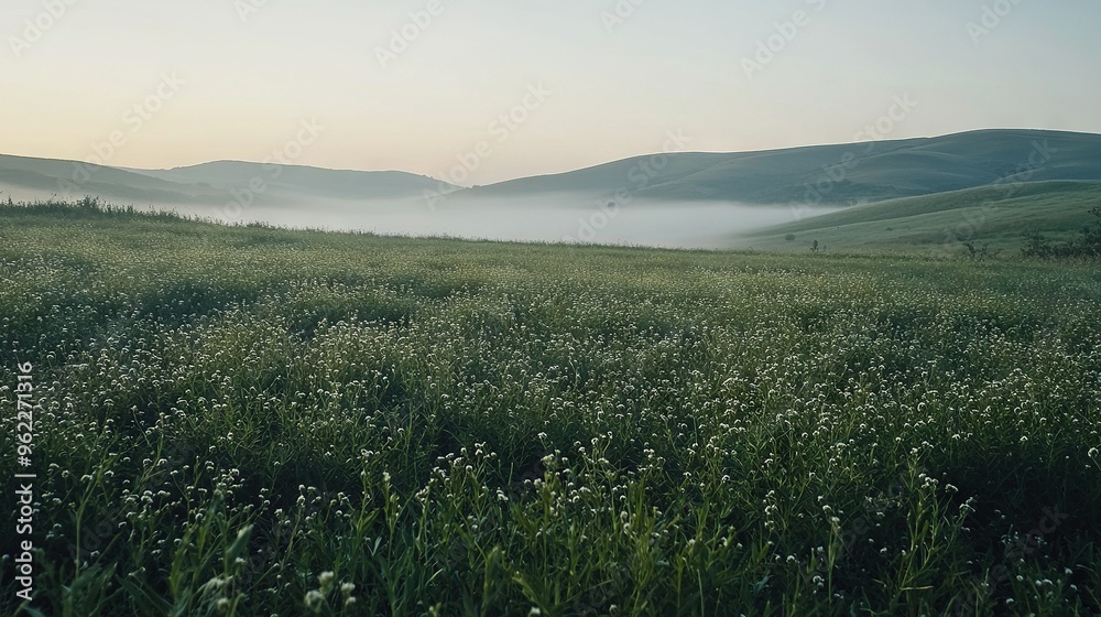 A field with fog in the background and hills in the background with trees in the foreground and grass in the foreground A field with fog in the background and hills in the background with trees in the foreground and grass in the foreground