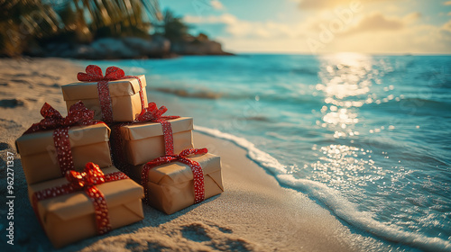 Add a touch of festive sparkle to your tropical paradise with these glittering Christmas presents set against a stunning beach shoreline. Perfect for a unique and sunny holiday celebration!