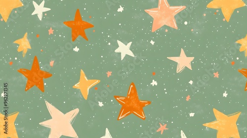 Yellow Stars on Green Background, Abstract Image, Texture, Pattern, Wallpaper, Cover and Screen for Smartphone, PC, Laptop, 9:16 and 16:9 Format