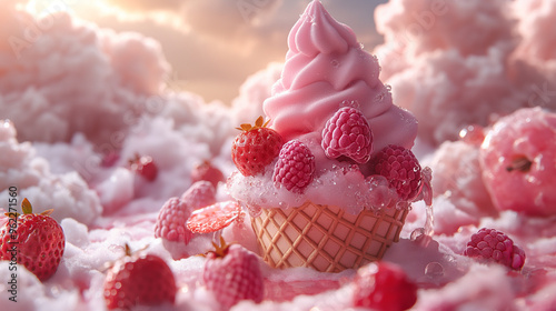 Dive into a whimsical dreamland with puffy pink clouds and fresh raspberries perched atop a delicious frozen yogurt ice cream cone. A delightful blend of fantasy and flavor!